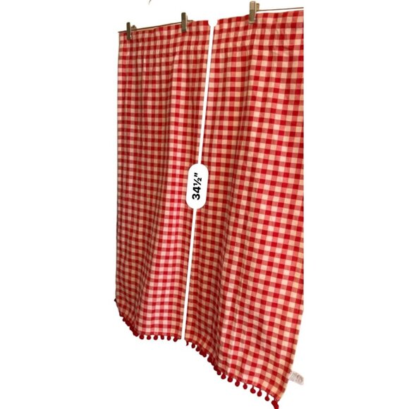 Two Pioneer Woman Red & White Pom Tassled Window Panels 34.5" gingham - Picture 10 of 13